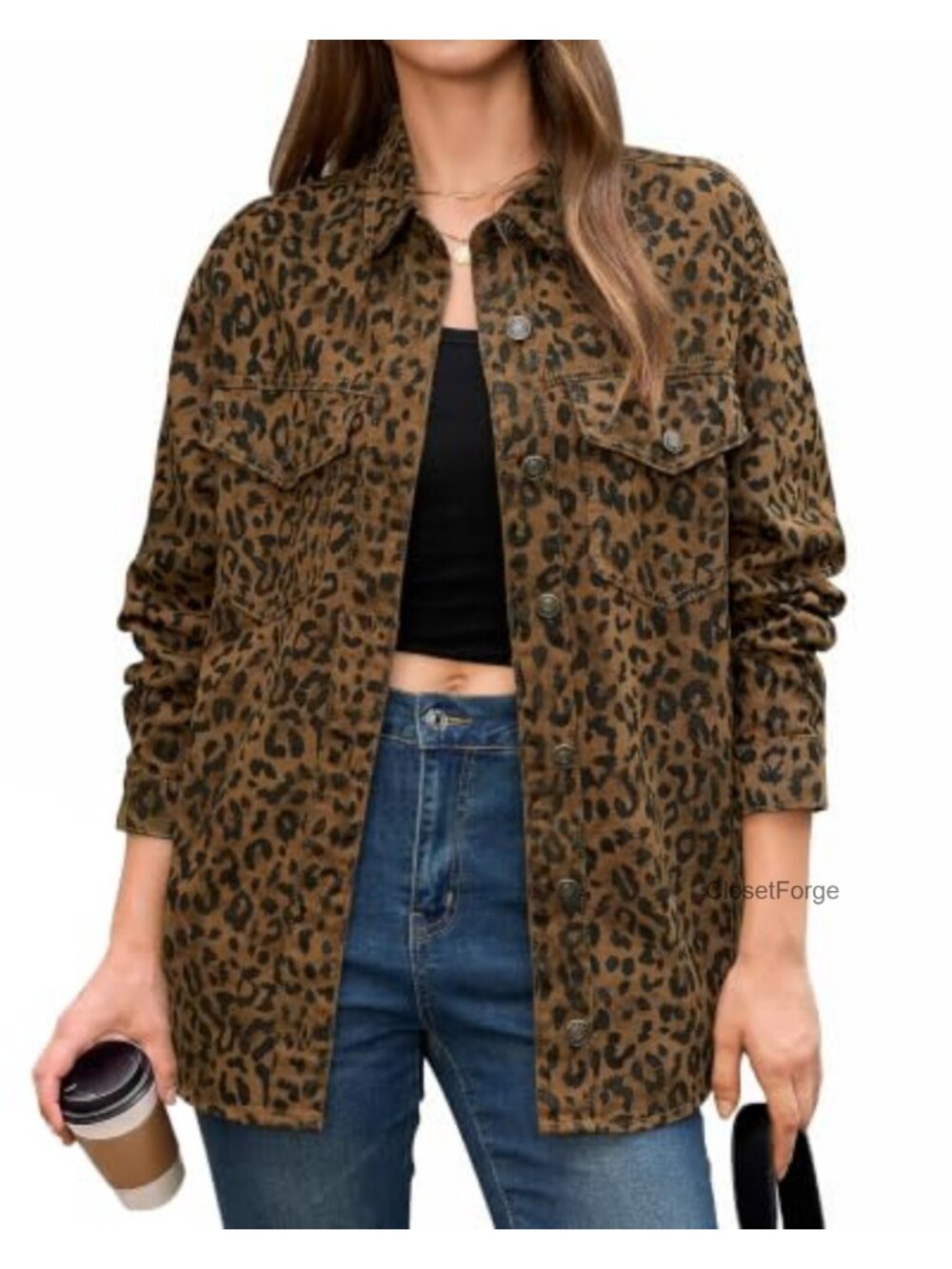 Oversized Leopard Print Denim Jacket Button Down Shacket